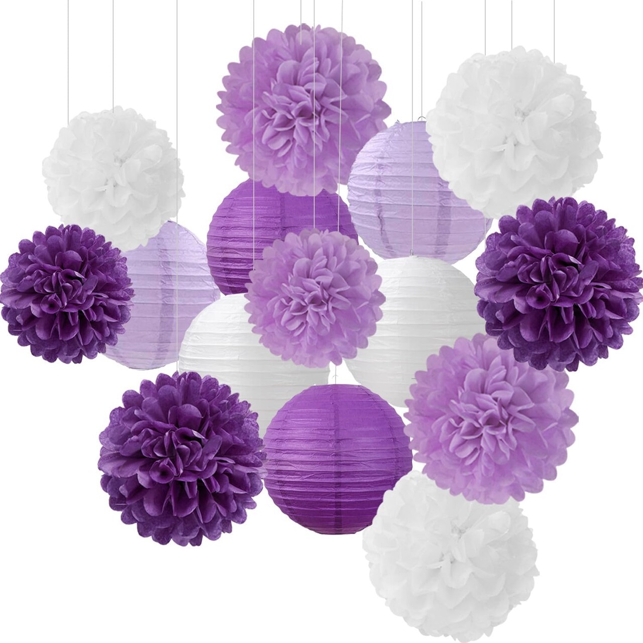 Purple-White Lavender Party Decorations Paper Flowers Lanterns-15PCS Birthday